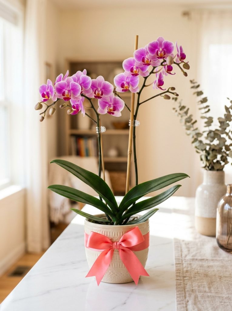 Beautiful blooming orchid plant in decorative pot wrapped with ribbon as an elegant gift