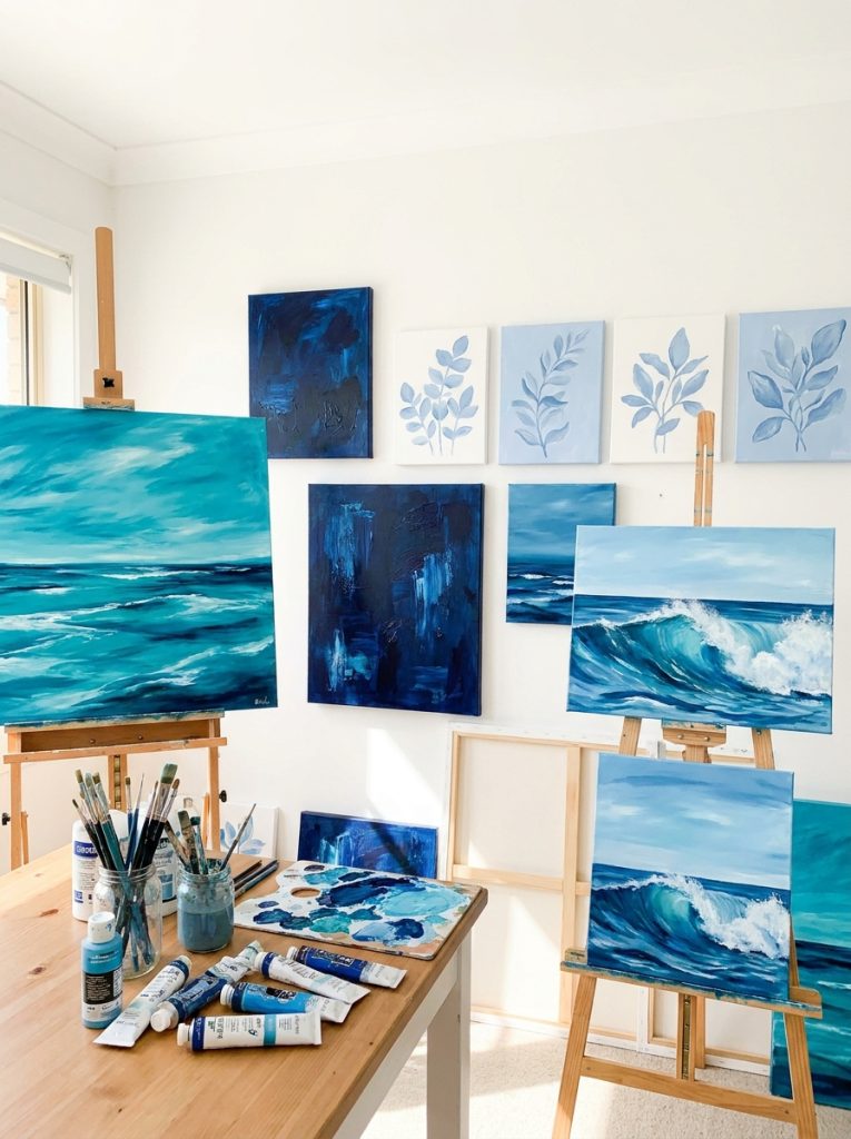  Beautiful blue acrylic painting ideas with ocean waves navy abstract powder blue botanical and turquoise seascape canvas paintings 
