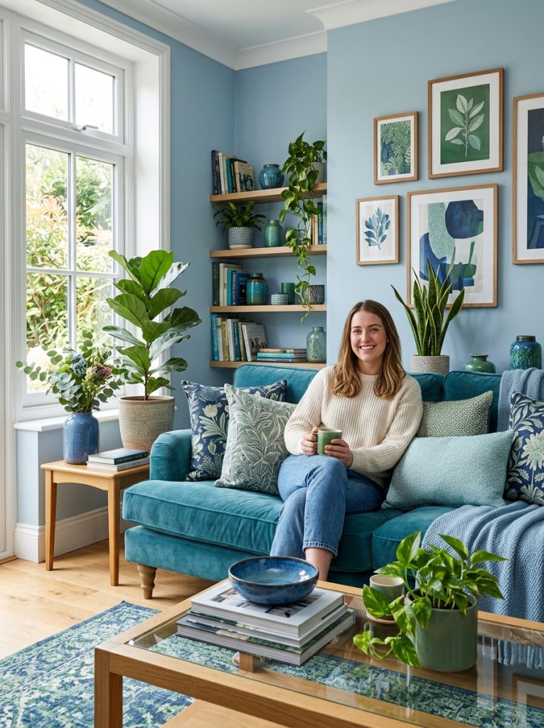 Beautifully decorated blue and green living room with coordinating vases cushions throws and plant styling in fresh cohesive display