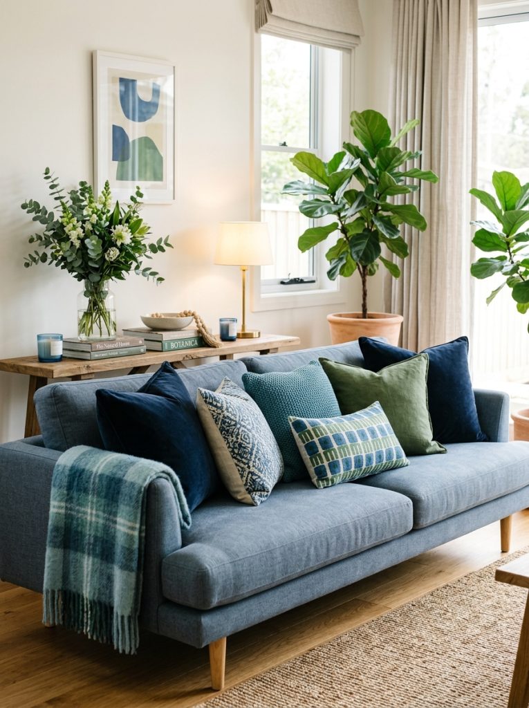  Beautifully styled blue and green living room sofa with mix of cushions different textures cozy throw and sofa table styling 