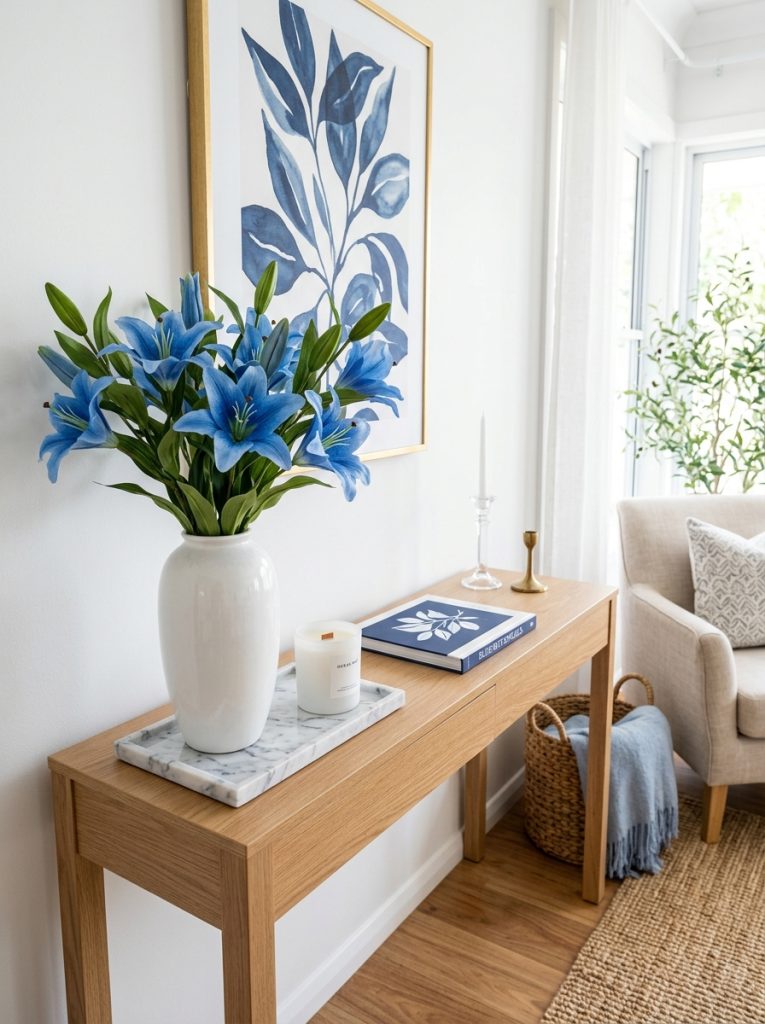  Beautiful living room console with blue lily bouquet tall white ceramic vase marble tray candle and art book