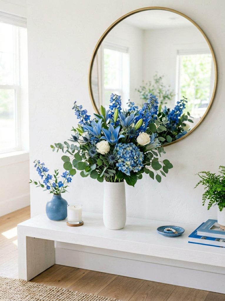 Beautiful blue bouquet aesthetic console display with blue lily bouquet white vase blue ceramic round mirror and candle