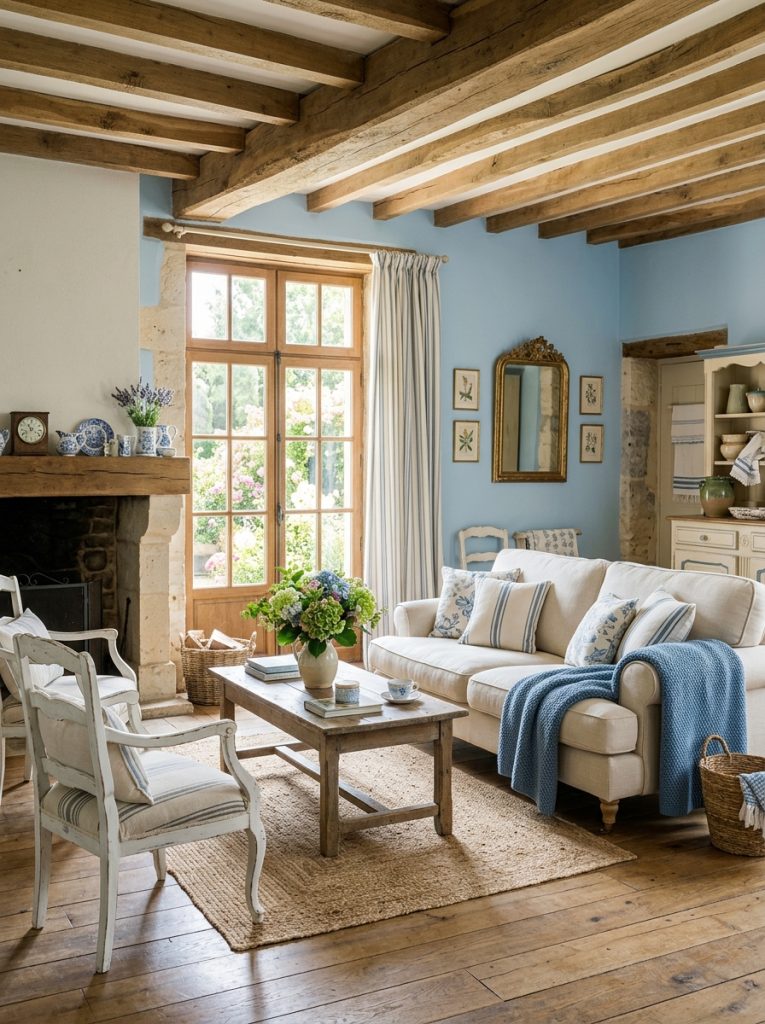 Beautiful blue french farmhouse living room with soft blue and cream colour scheme farmhouse furniture and fresh airy quality 