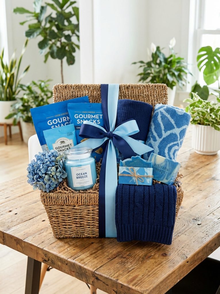 Beautiful blue themed gift basket with ocean products blue packaged treats navy accessories blue candle and coordinating ribbon