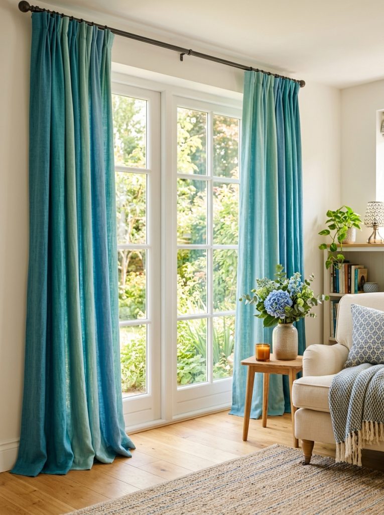 Beautiful blue and green curtains at living room windows flowing and letting in warm light while adding colour scheme