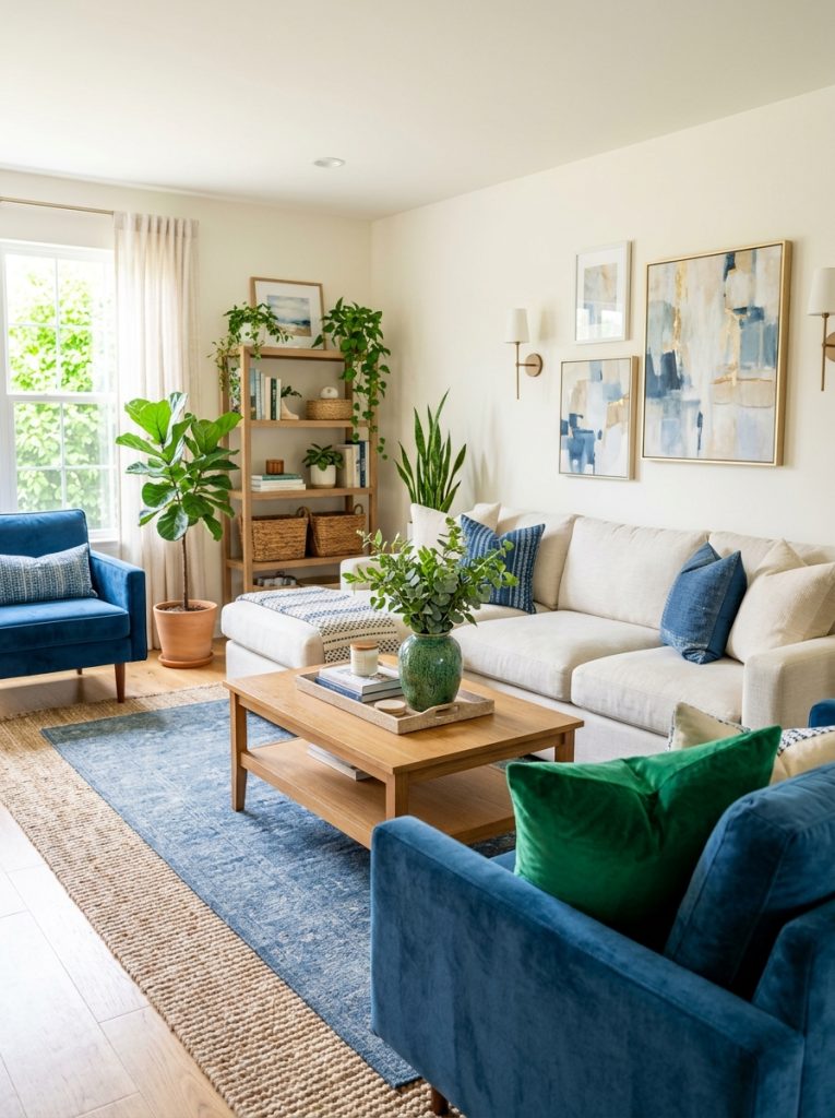  Beautifully decorated blue and green living room showing balanced colour with neutral dominant blue secondary and green accent 