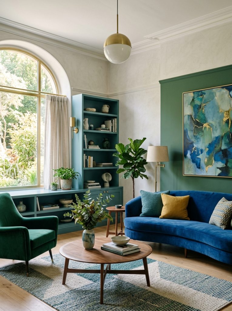  Beautiful modern interior design blue and green living room with architectural considered design and sophisticated colour placement