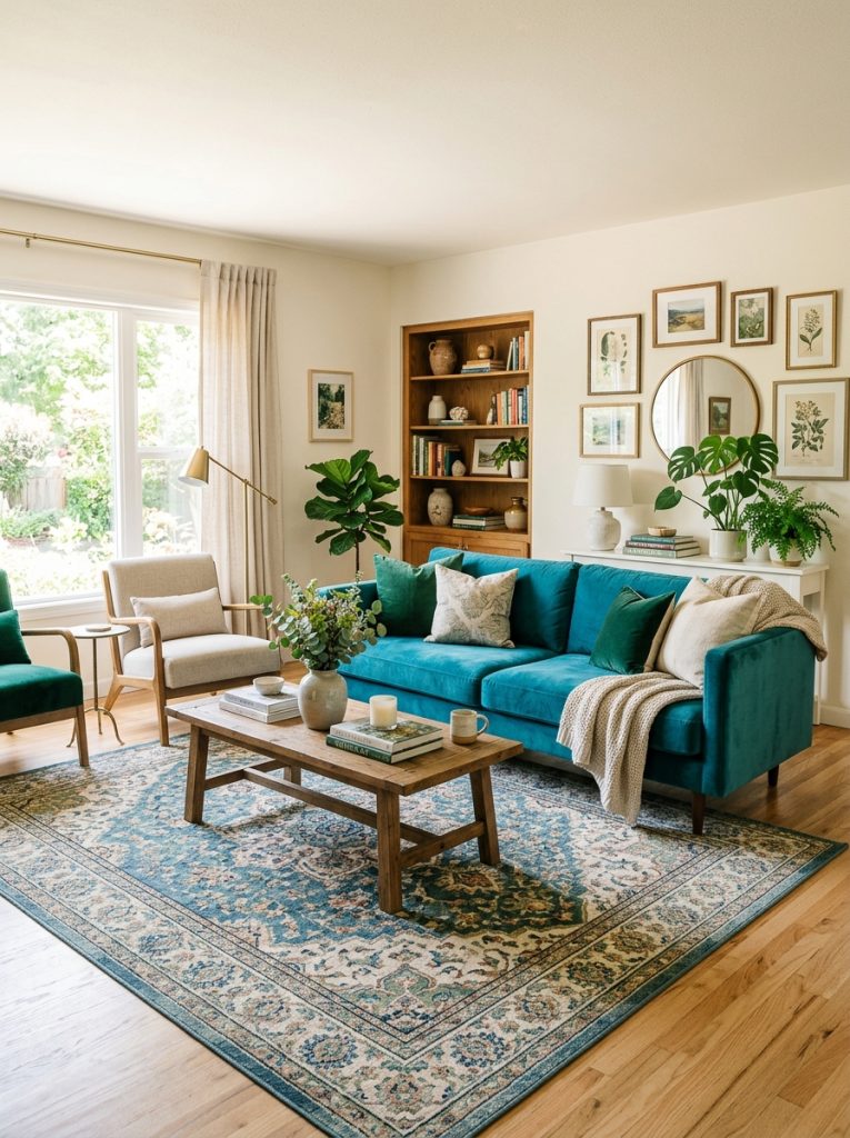 Beautifully laid out blue and green living room with statement sofa as centrepiece and furniture arranged around it perfectly 