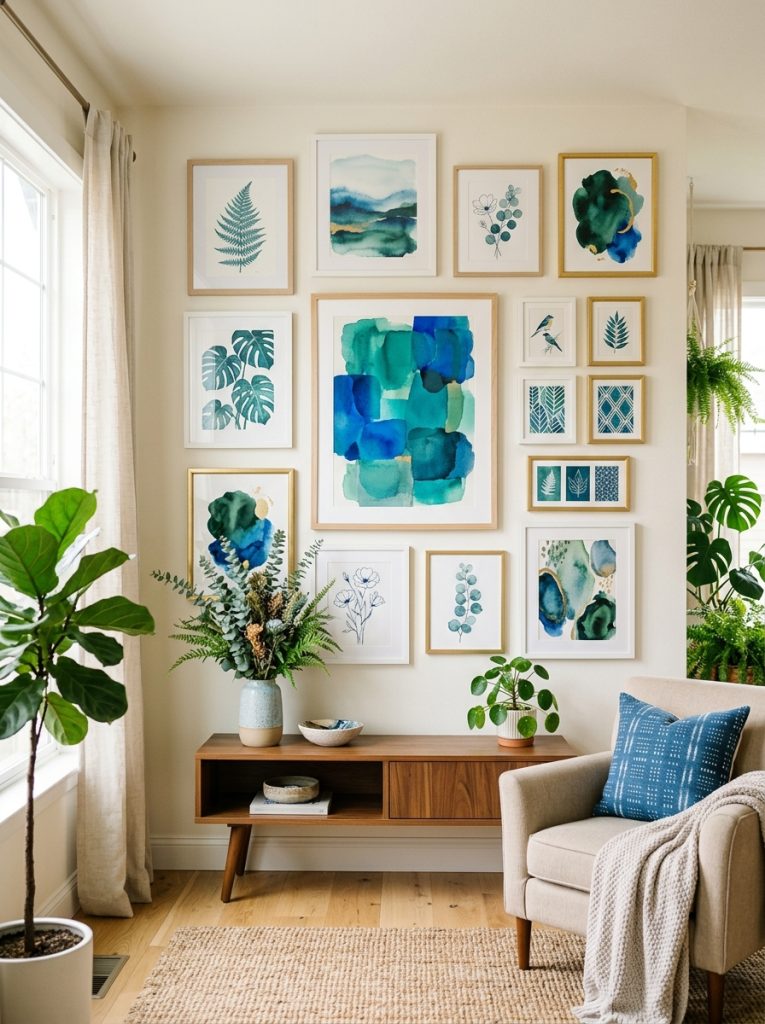 Beautiful blue and green wall art gallery in living room with botanical prints and abstract nature pieces in coordinating tones