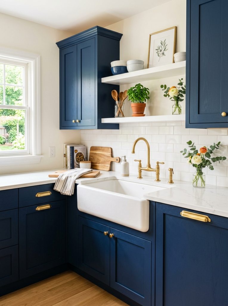 Beautiful blue DIY kitchen cabinets with navy or powder blue paint white countertops brass chrome hardware in stunning kitchen transformation