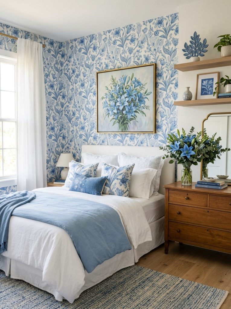 Beautiful blue lilies gallery wall with large painting center two botanical prints white shelf blue lily bud vase and candle.