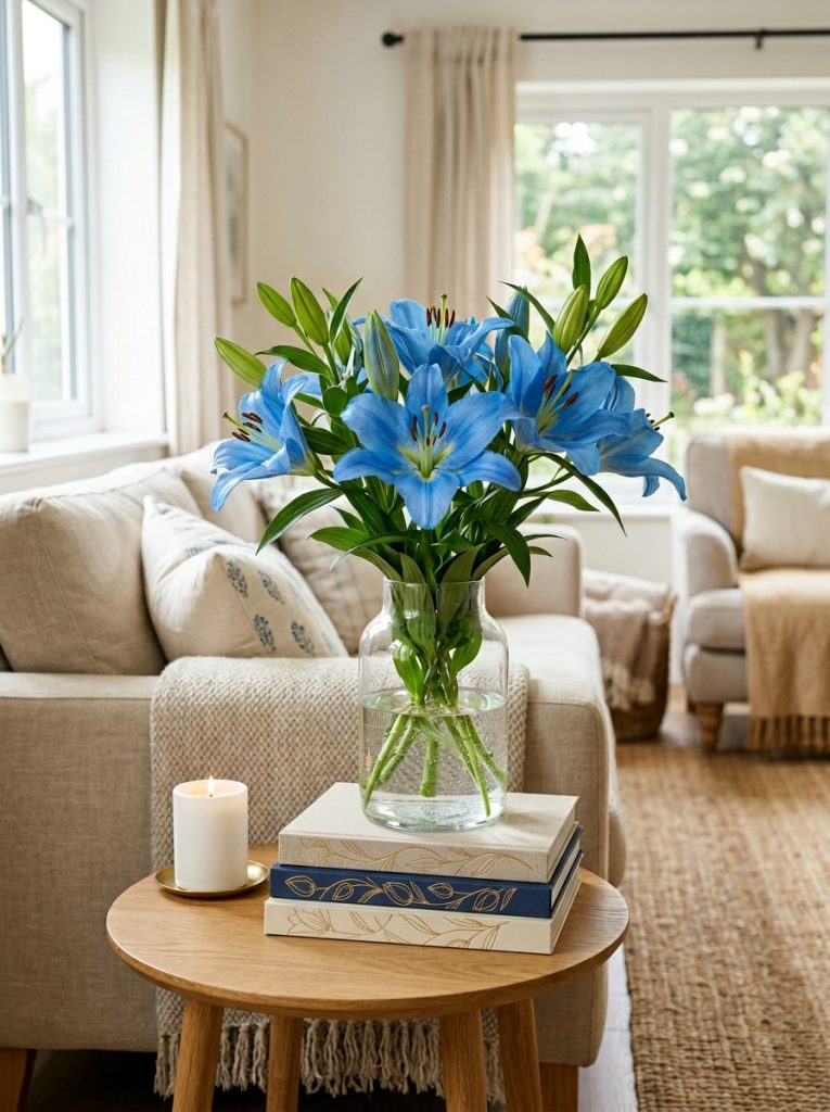 Beautiful living room side table with blue lilies flower bouquet clear glass vase books and white candle