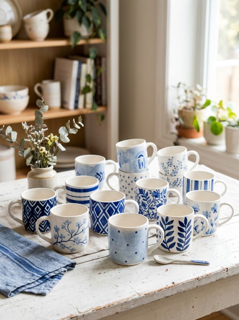 Beautiful blue mug painting with navy patterns powder blue washes cobalt geometric and delicate blue florals on ceramic mugs