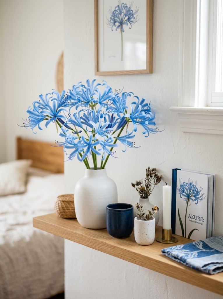 Beautiful blue spider lilies aesthetic shelf with blue arrangement white ceramic vase navy ceramics white candle and art book