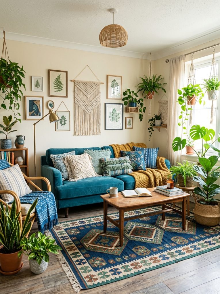 Beautiful bohemian blue and green living room with layered textures macrame plants botanical prints kilim rug and eclectic accessories