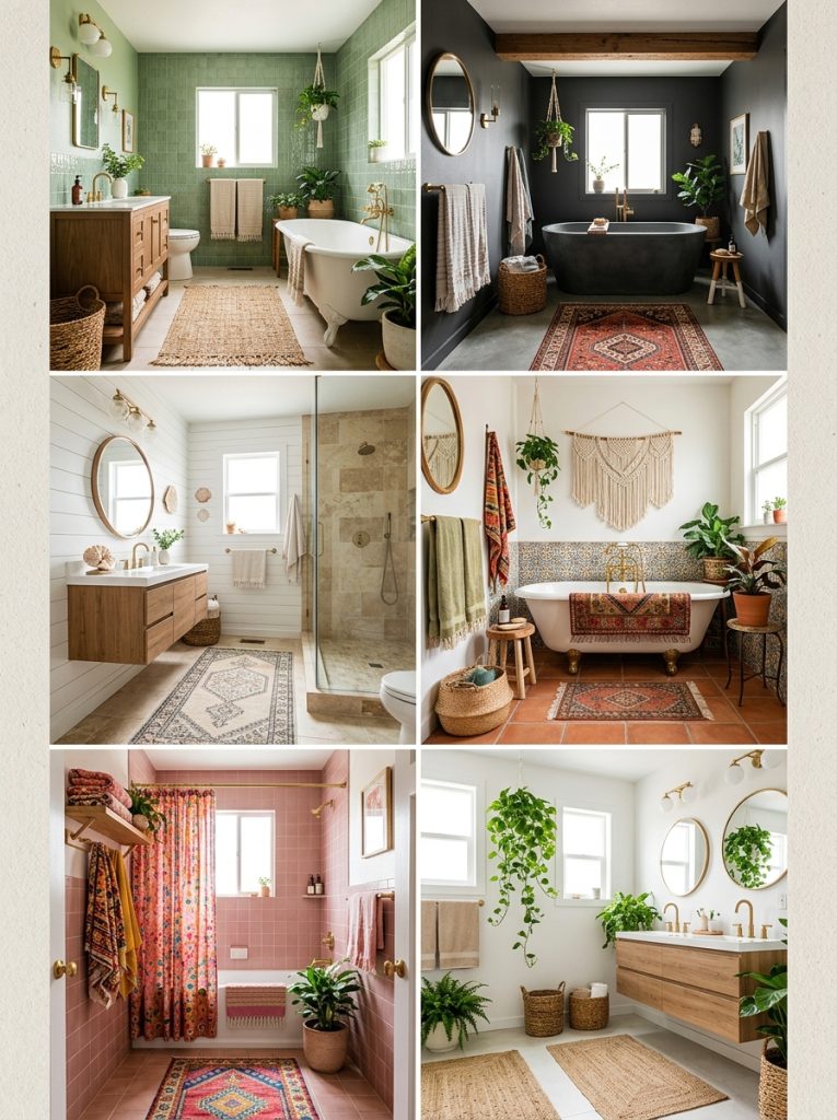 Complete boho bathroom ideas collection with sage green dark moody coastal vintage colorful pink modern neutral in multiple styled bathrooms