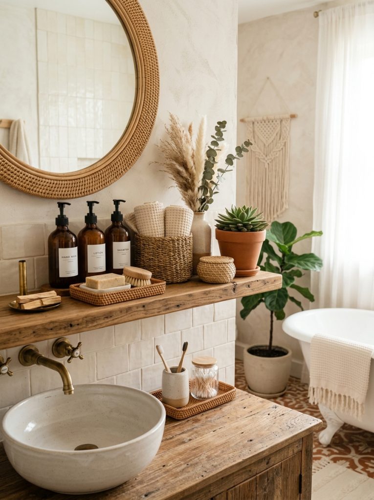 Beautiful boho bathroom decor set with natural textured dispensers woven storage organic decorations earthy-toned essentials in styled bathroom