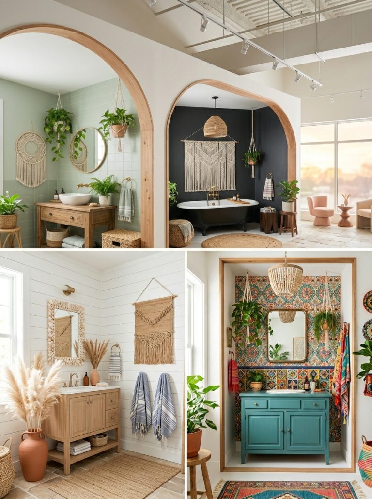 Beautiful boho bathroom ideas with sage green macrame dark moody rattan coastal pampas grass and colorful vintage styles