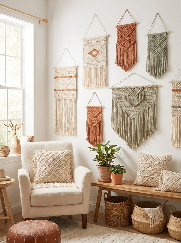 beautiful boho crochet wall decor with natural cotton cream earthy tones fringe tassel geometric patterns on neutral walls in boho room