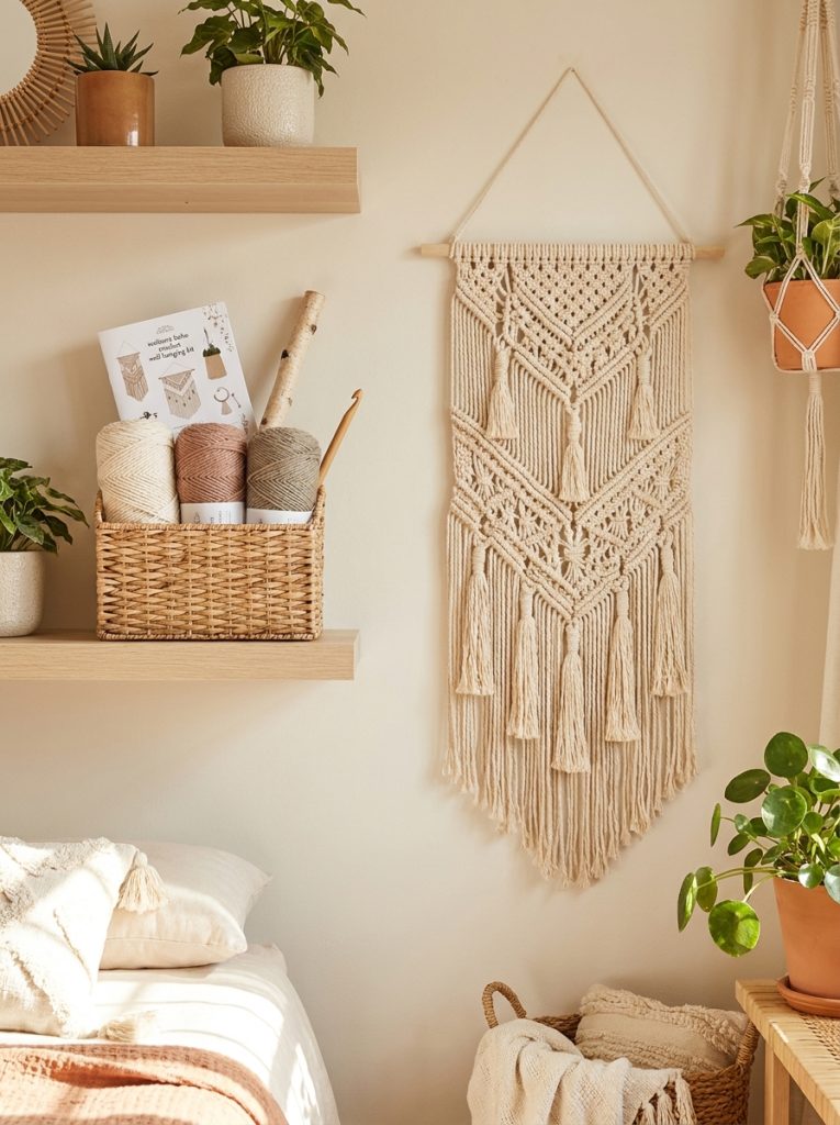  Beautiful boho crochet wall hanging kit with natural cotton yarn wooden dowel alongside finished hanging with fringe geometric pattern on bedroom wall