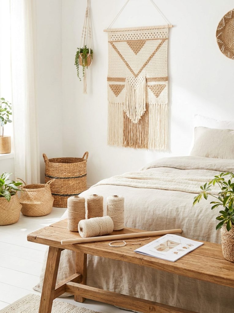 Beautiful chunky cotton yarn crochet wall decor with large-scale hangings in cream white natural tones showing texture and stitch detail