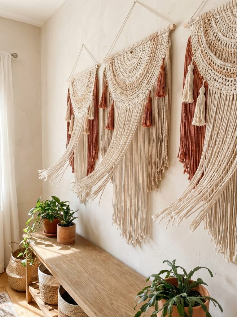 Beautiful boho fringe tassel crochet wall decor with abundant natural cotton fringe decorative tassels in cream natural earthy tones on walls 
