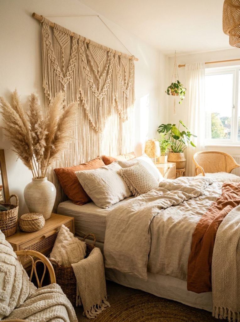 Boho macrame wall hanging used as headboard behind bed with natural linen bedding and pampas grass
