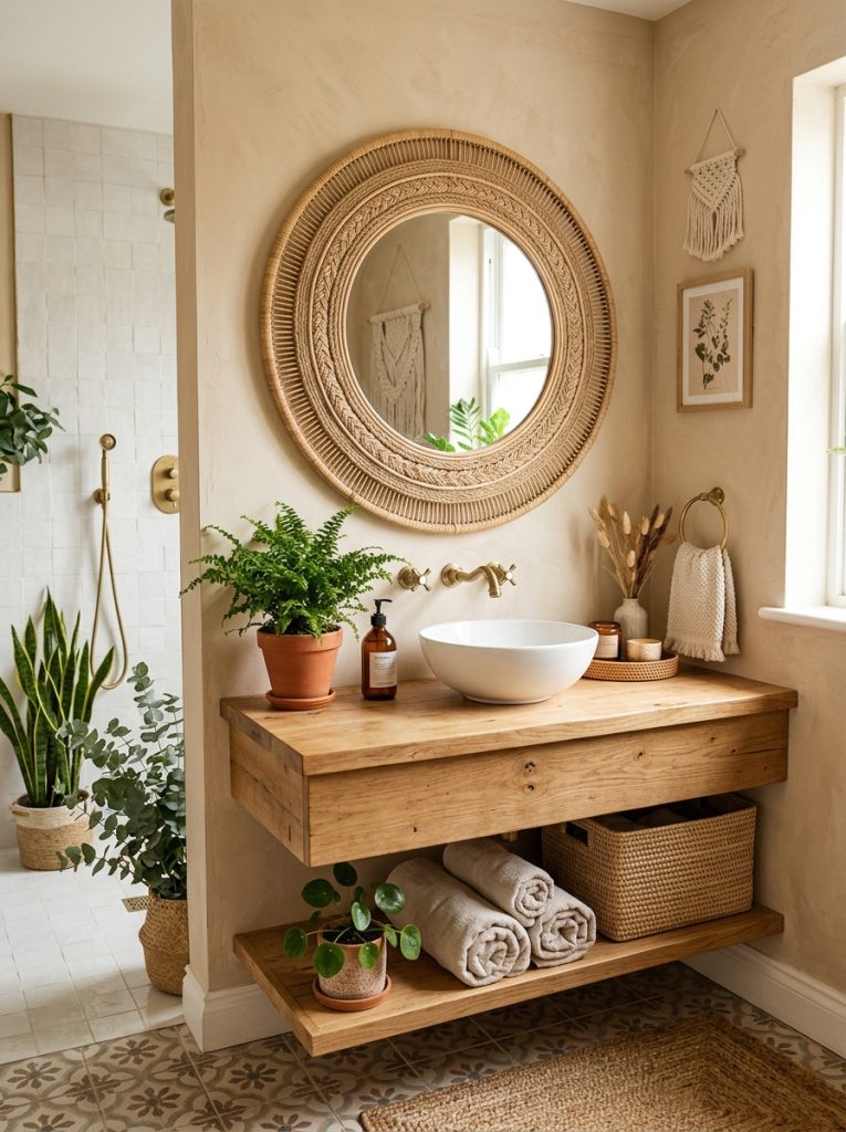 Beautiful boho round vanity mirror with natural rattan woven frame above bathroom vanity as characterful boho focal point