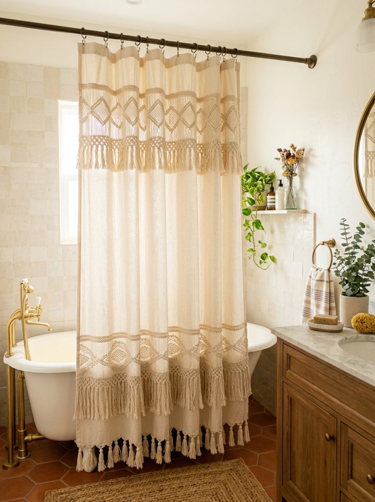 Beautiful boho shower curtain with fringe hem tassel details natural fabric texture as stunning boho bathroom focal point transformation