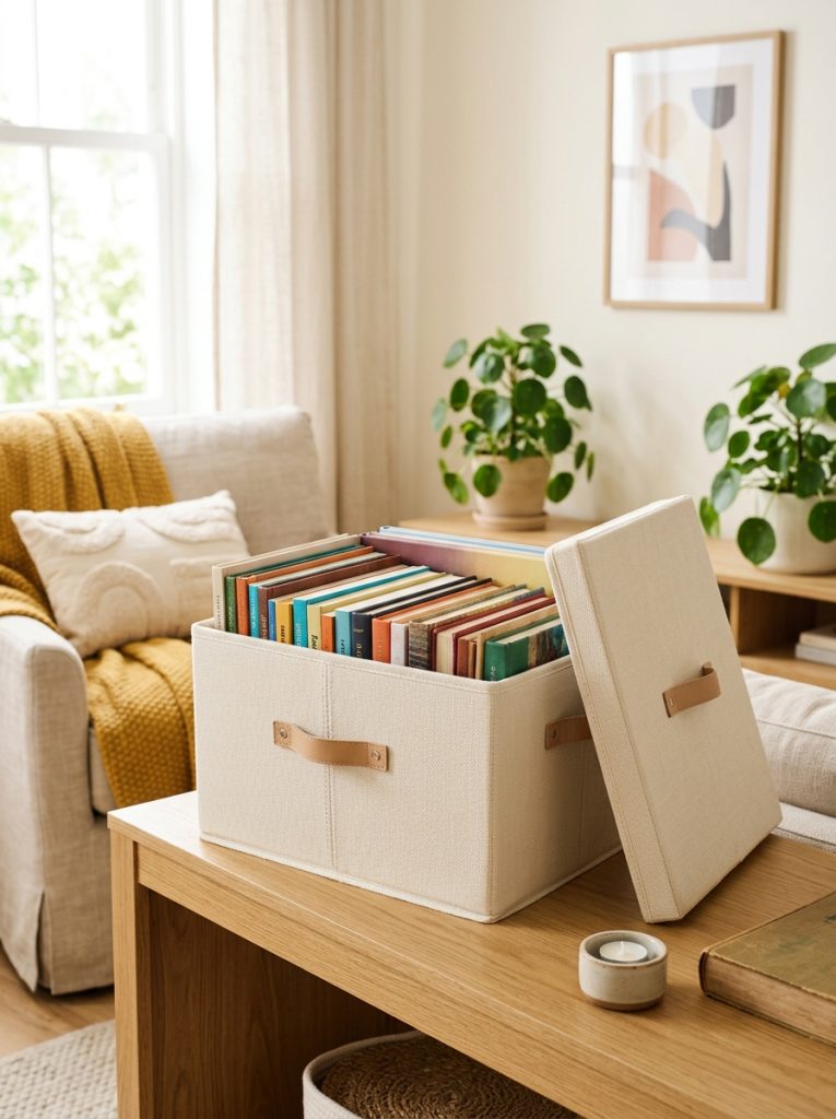 Neat book storage box with lid holding books stacked inside beside the open lid in bright clean bedroom