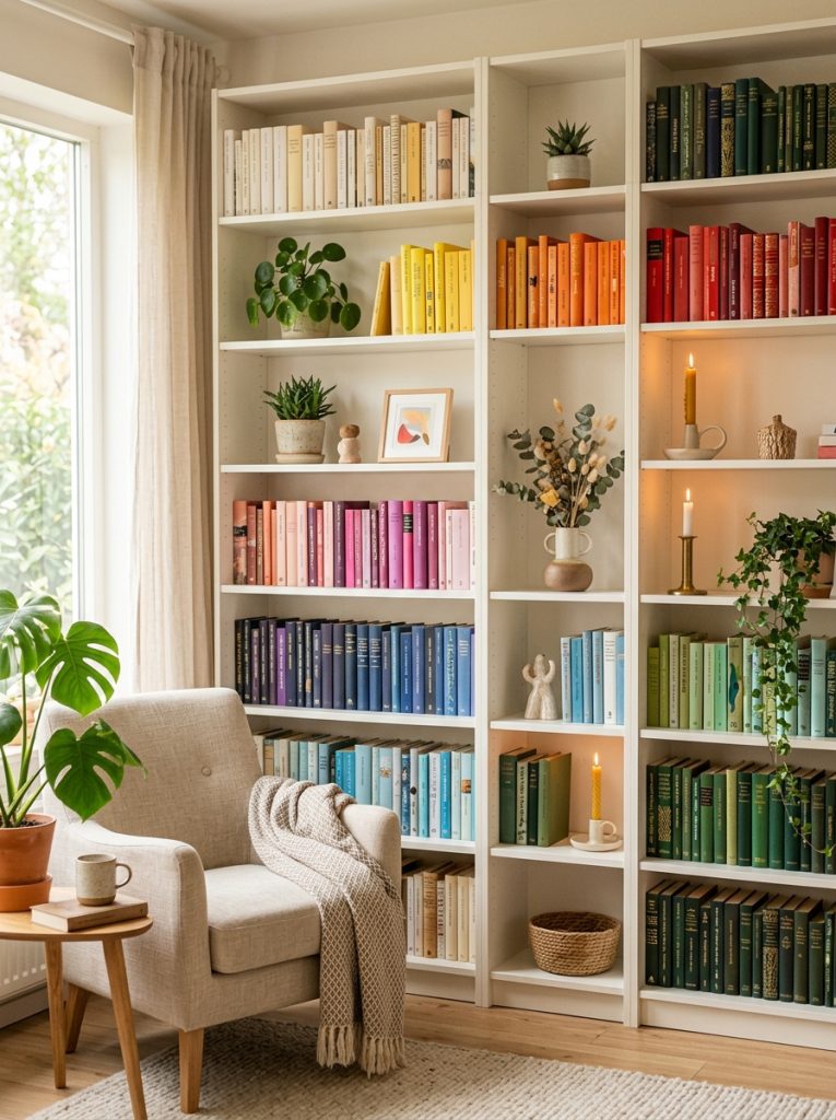 Aesthetic book storage in bright living room with books arranged by color on styled shelves with plants and candles
