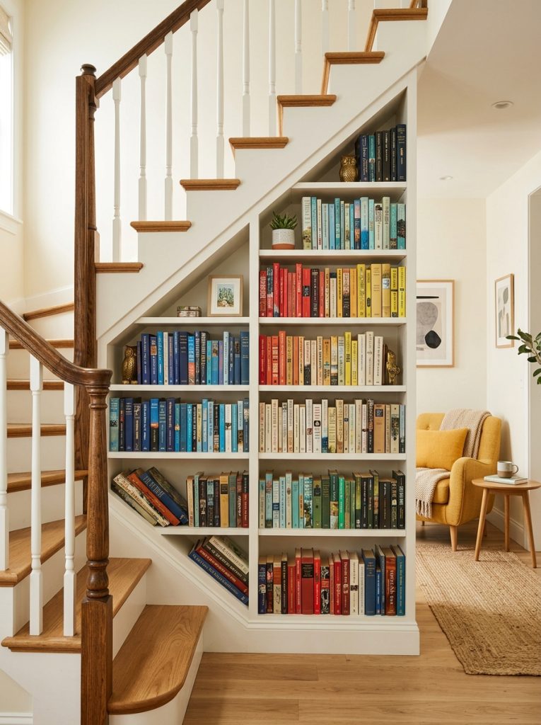 Built in book storage shelves under staircase holding large book collection neatly organized in bright clean home