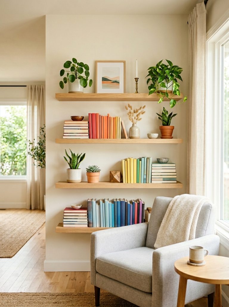 Beautifully styled book storage wall with floating shelves holding books plants and decor in bright minimal living room