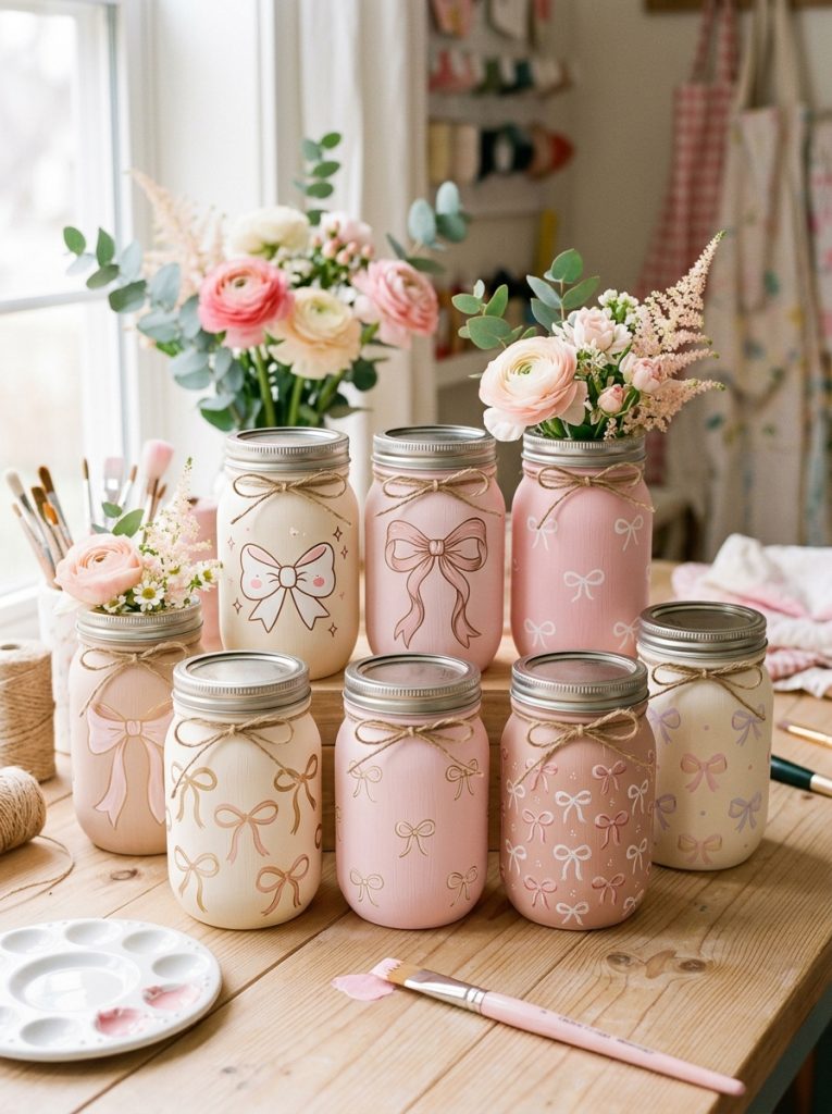 Adorable bow-themed mason jar painting with simple bow details ribbon patterns elegant bows and kawaii bows in pink cream tones
