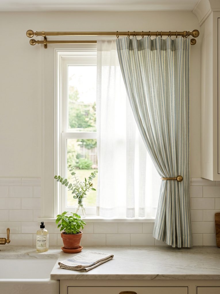 Beautiful double brass curtain rod kitchen window with layered sheer and decorative curtains creating warm brass hardware kitchen display