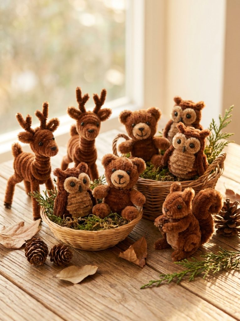 Charming brown pipe cleaner animal crafts with woodland deer teddy bears owls and squirrels in natural brown tones displayed