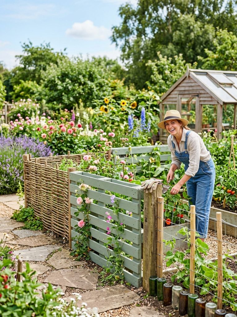 Clever cheap budget garden fence DIY with wooden stakes wire basic pallet boards repurposed materials creating effective attractive affordable fences 