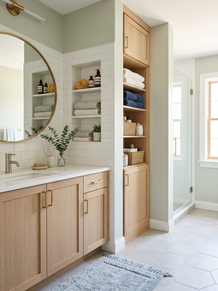 Beautiful built-in bathroom storage with recessed shelving niches fitted cabinetry and integrated solutions creating professional space-maximizing storage 