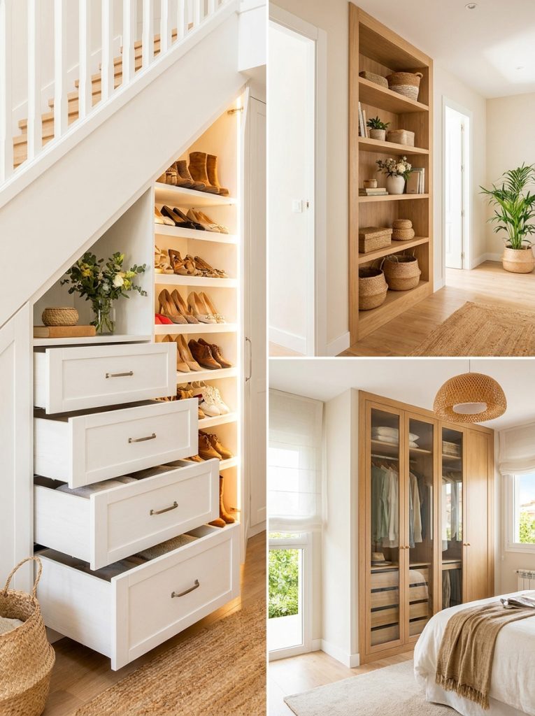 Beautiful built-in shoe storage integrated into home architecture with under stairs storage alcove shelving and built-in cabinetry 