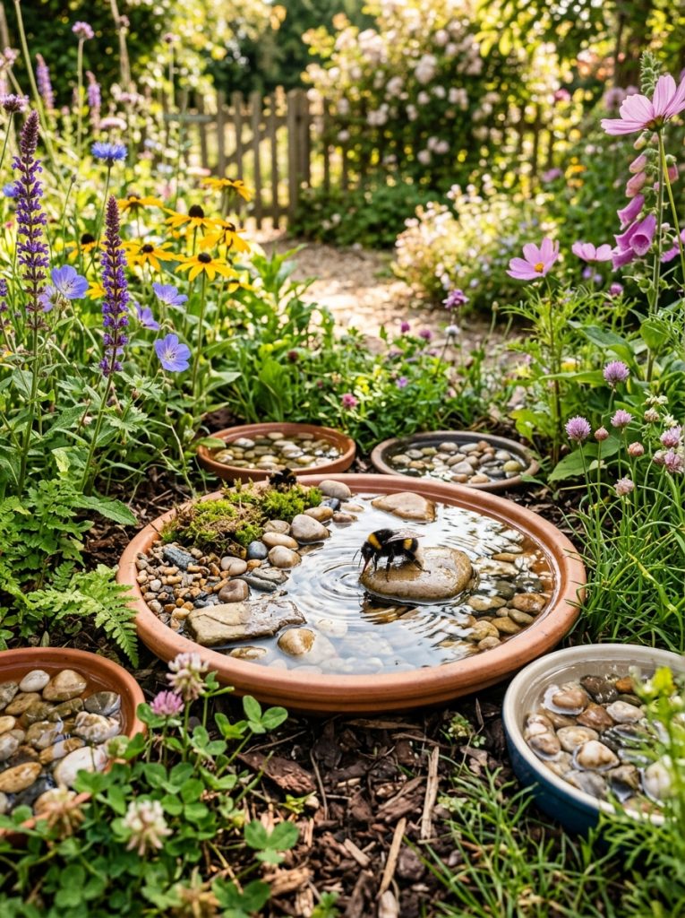 Beautiful bumble bee bath DIY with wide shallow dishes at ground level among wildflowers with flat stones and pebbles for bumble bee landing 