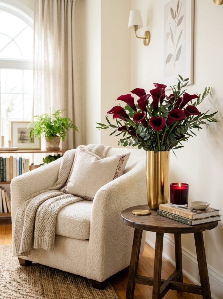  Beautiful living room corner with burgundy calla lilies arrangement tall gold vase cream armchair and burgundy candle