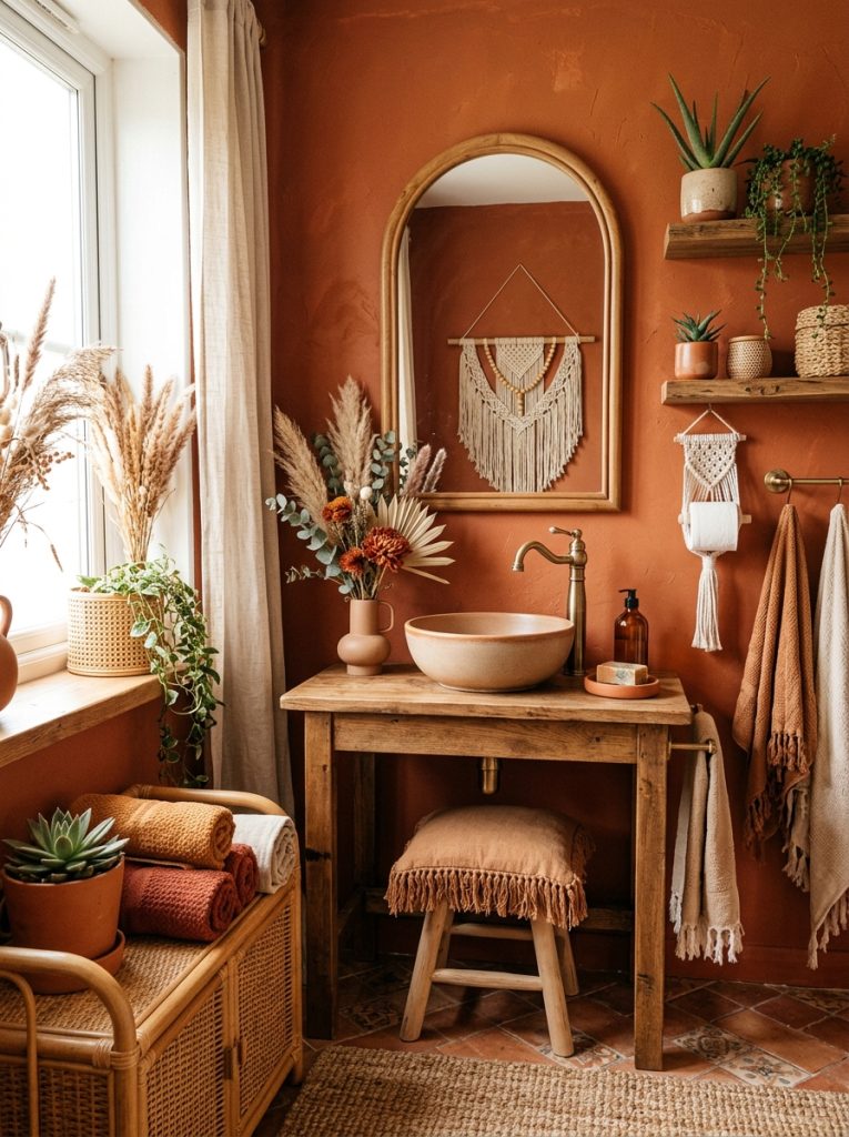 Beautiful burnt orange boho bathroom with rich terracotta rust tones rattan wicker dried botanicals macrame and warm earthy textiles