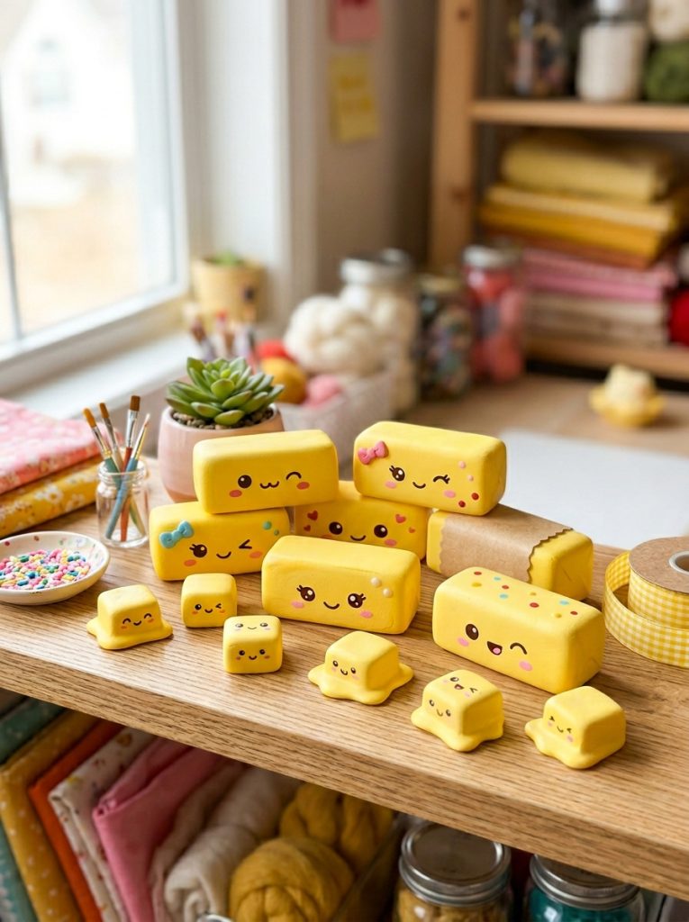  Adorable butter squishies DIY with kawaii butter sticks and pats in characteristic yellow with sweet expressions and butter details 
