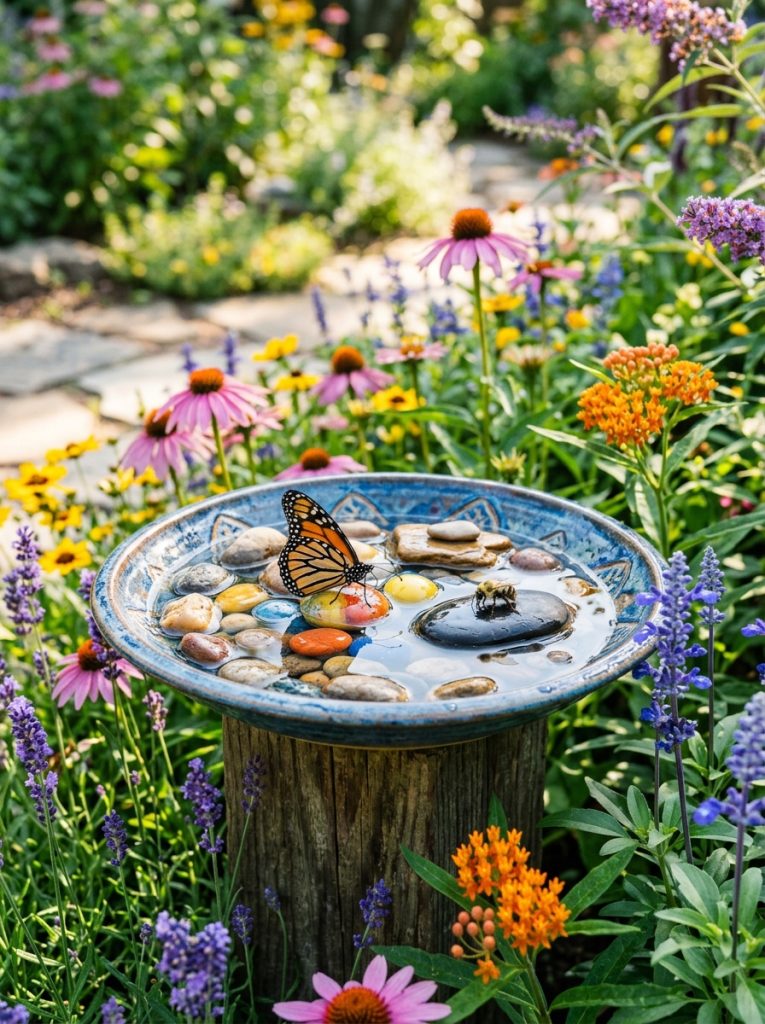 Beautiful butterfly bee bath DIY with wide shallow dish water flat stones and pebbles surrounded by butterfly-attracting flowers in garden 