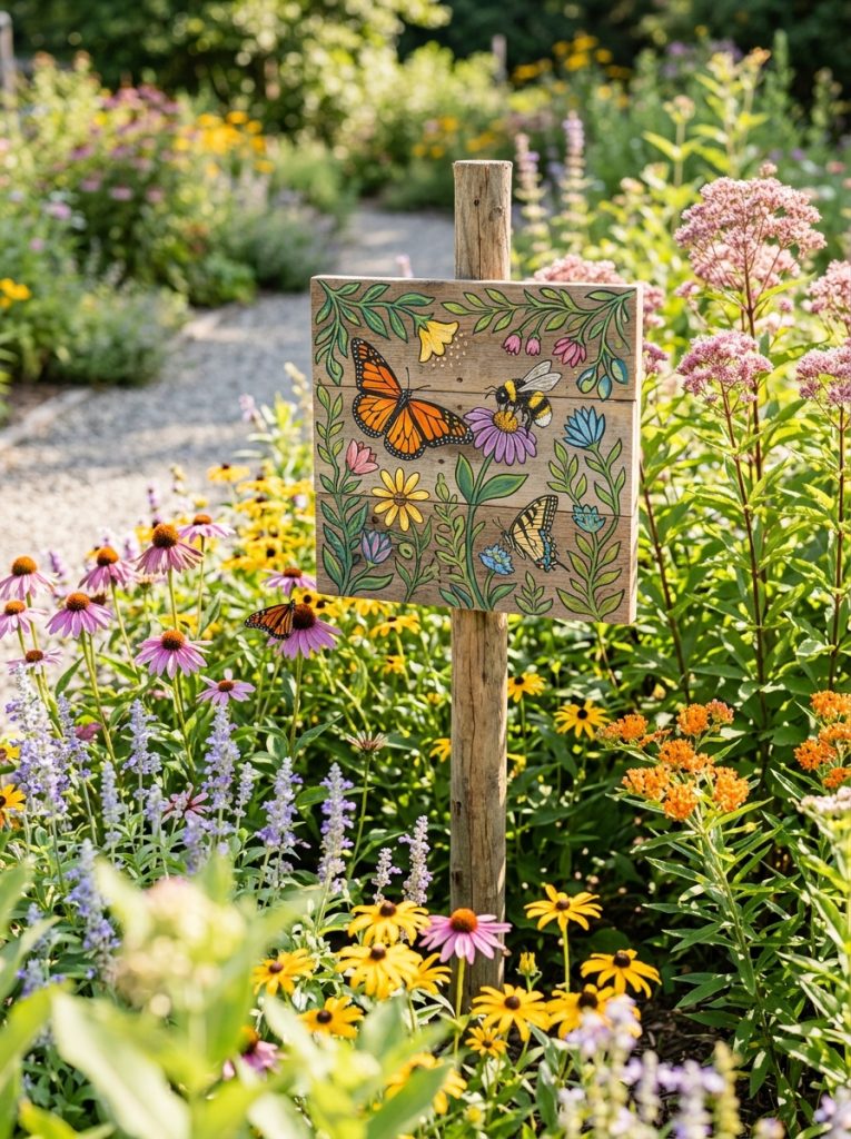 Beautiful butterfly pollinator garden signs DIY with butterfly bee illustrations pollinator messages among wildflowers and pollinator plants