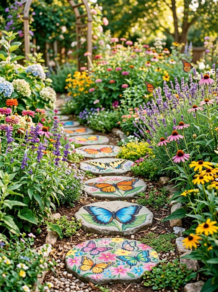 Beautiful butterfly garden stepping stones DIY with vibrant blue morpho orange monarch and colorful butterfly designs along flowering garden path