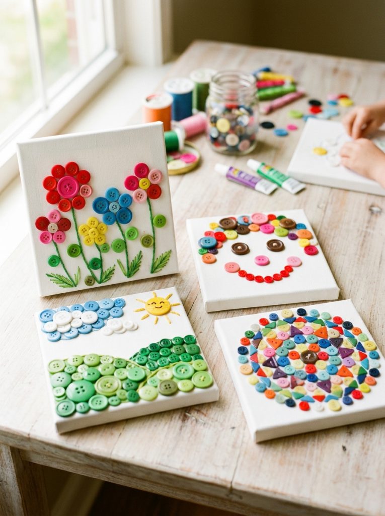 Beautiful button art canvas kids craft with colorful buttons in flower gardens landscapes portraits and mosaic patterns on canvases
