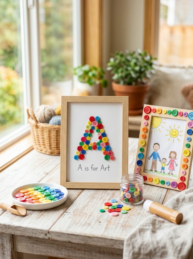 Beautiful simple easy button crafts for kids with button sorting color patterns initial letter art and frame decorating