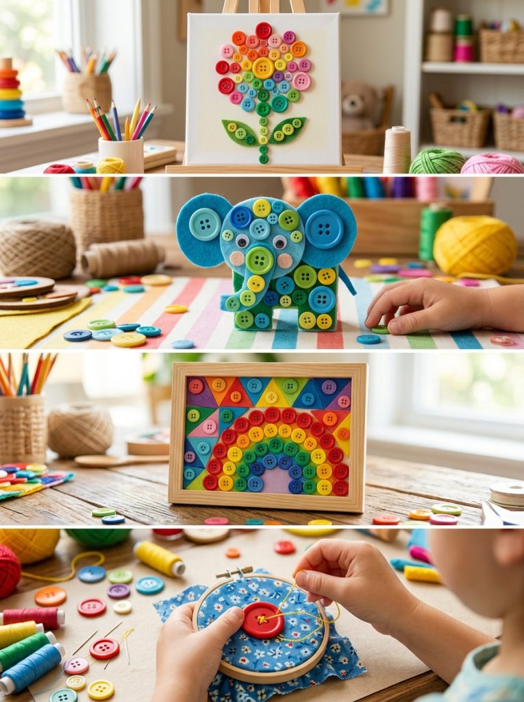 Four button crafts for kids including colorful button art canvas flower cute button animal mosaic geometric pattern and simple sewing project