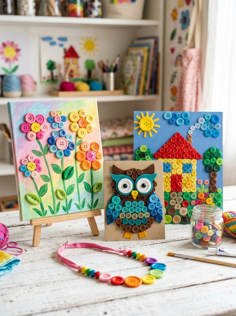 Beautiful button crafts for kids display with button art canvas floral design cute animal mosaic picture and jewelry on bright craft surface